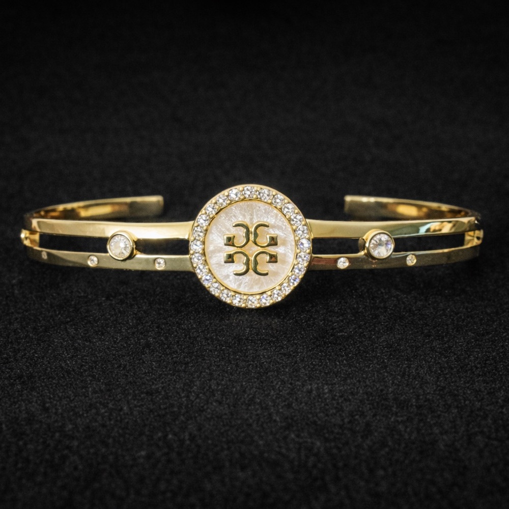 Gold Tone Crystal Halo Medallion Initial T Bangle
